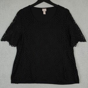 Chicos Shirt Womens 2 US Large Black Lace Overlay Layered Scoop Neck Top Blouse